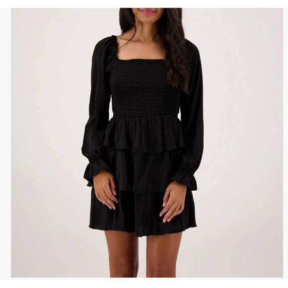 Charmed Hearts Dark Forest Green 3 Tiered Ruffle Mini Dress, Long Sleeves, Smock - Picture 1 of 11